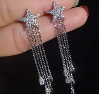 Star Chains Pierced Earring Rhodium Plated